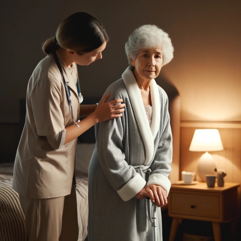 Elderly woman receiving assistance at night.