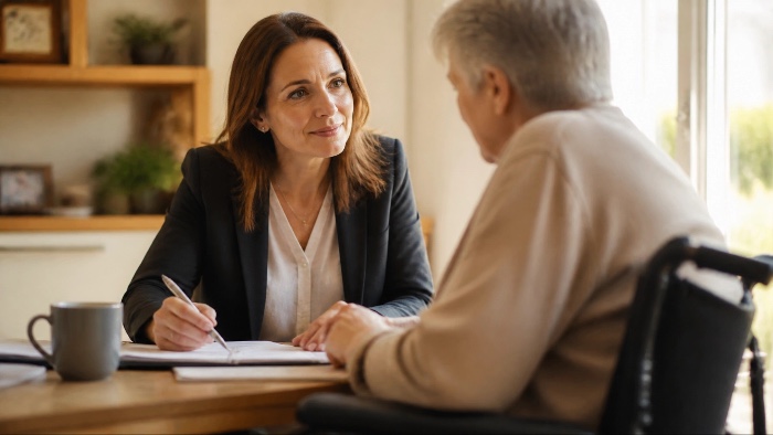 A concerned older couple reviewing official documents at home